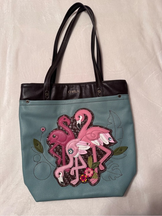 Chala Handbags - Chala Teal Tote with Pink Flamingo Applique and Dark Brown Trim